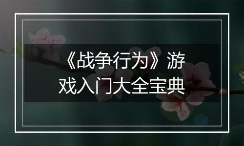 《战争行为》游戏入门大全宝典